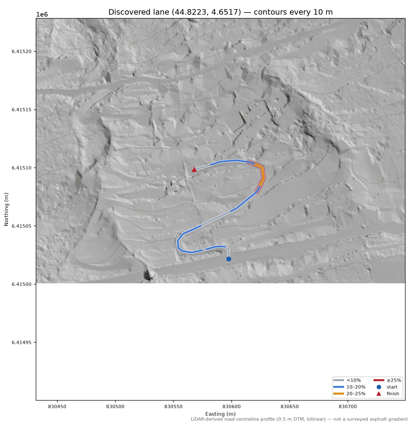 Discovered lane (44.8223, 4.6517) LiDAR hillshade map with contours
