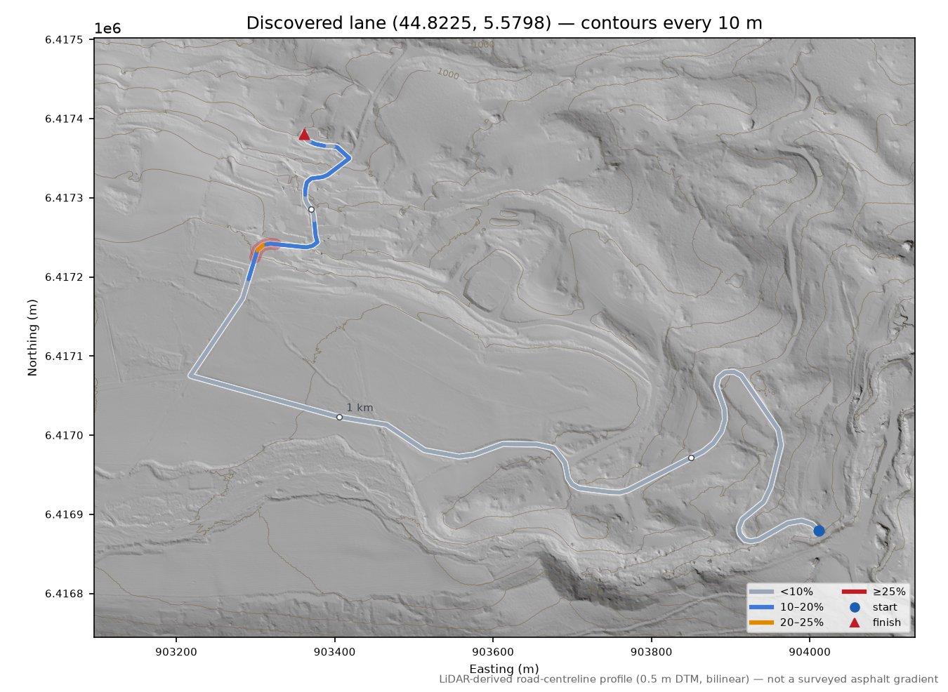 Discovered lane (44.8225, 5.5798) LiDAR hillshade map with contours