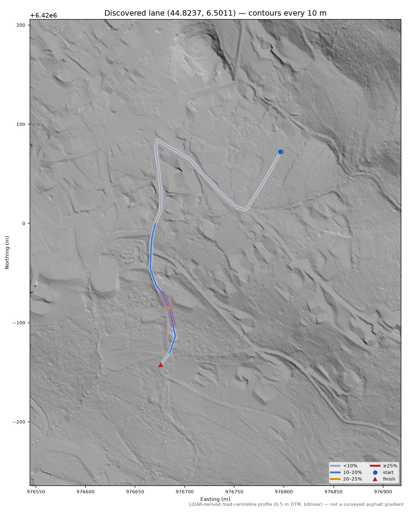 Discovered lane (44.8237, 6.5011) LiDAR hillshade map with contours
