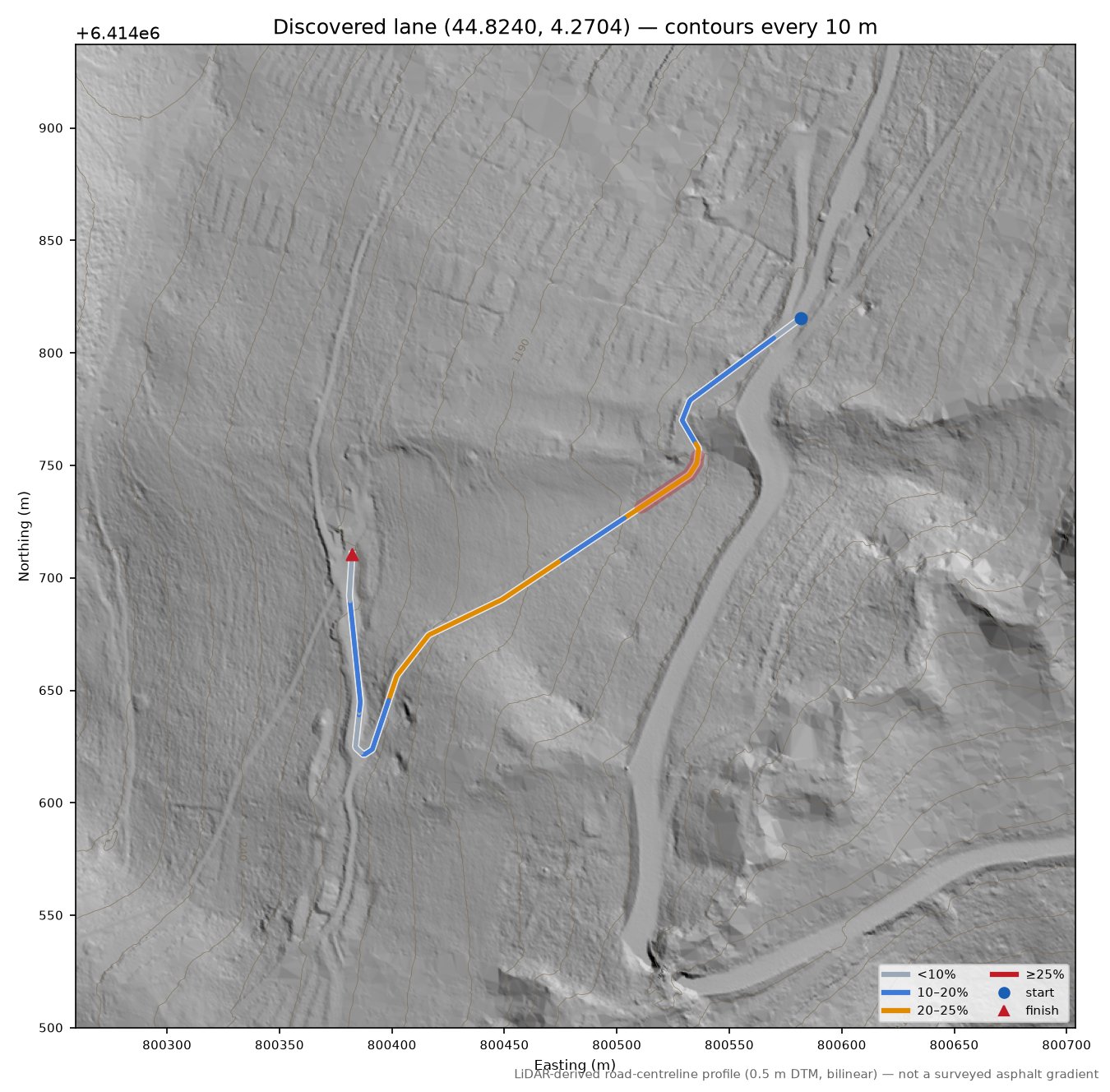Discovered lane (44.8240, 4.2704) LiDAR hillshade map with contours