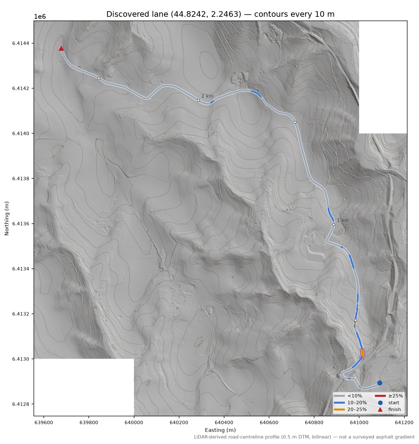 Discovered lane (44.8242, 2.2463) LiDAR hillshade map with contours