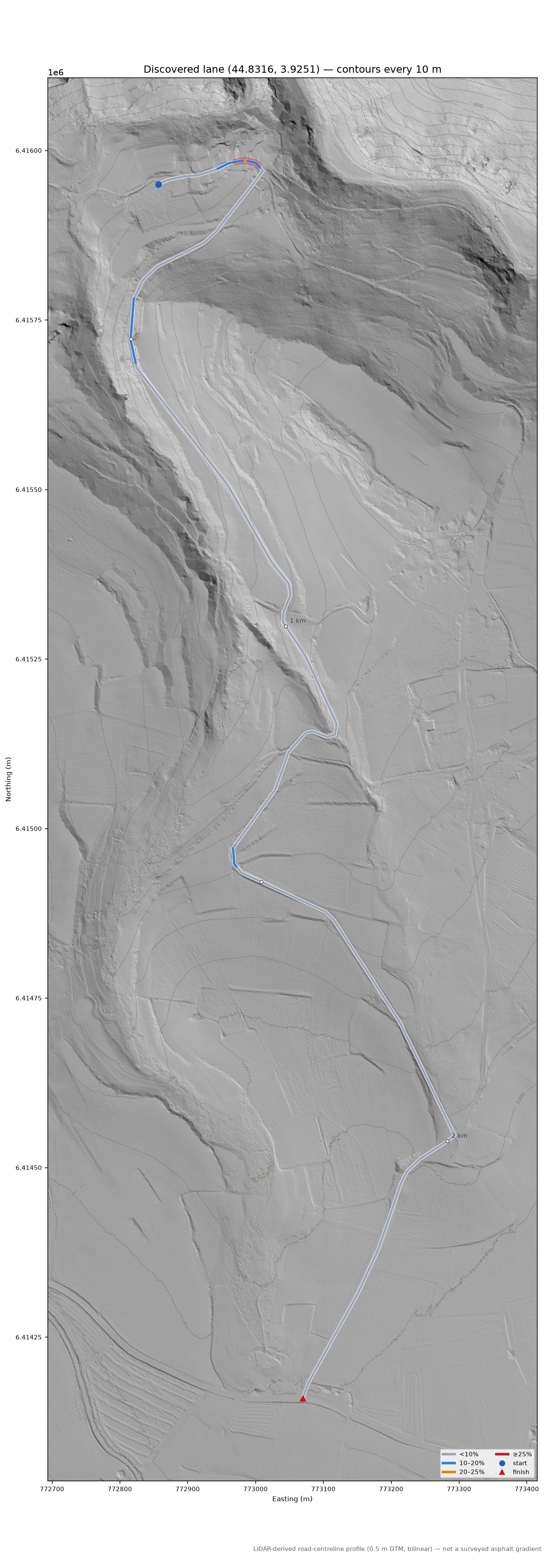 Discovered lane (44.8316, 3.9251) LiDAR hillshade map with contours