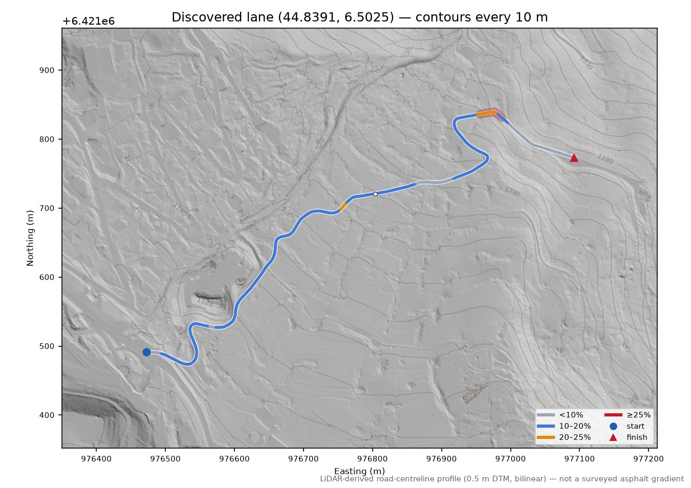 Discovered lane (44.8391, 6.5025) LiDAR hillshade map with contours
