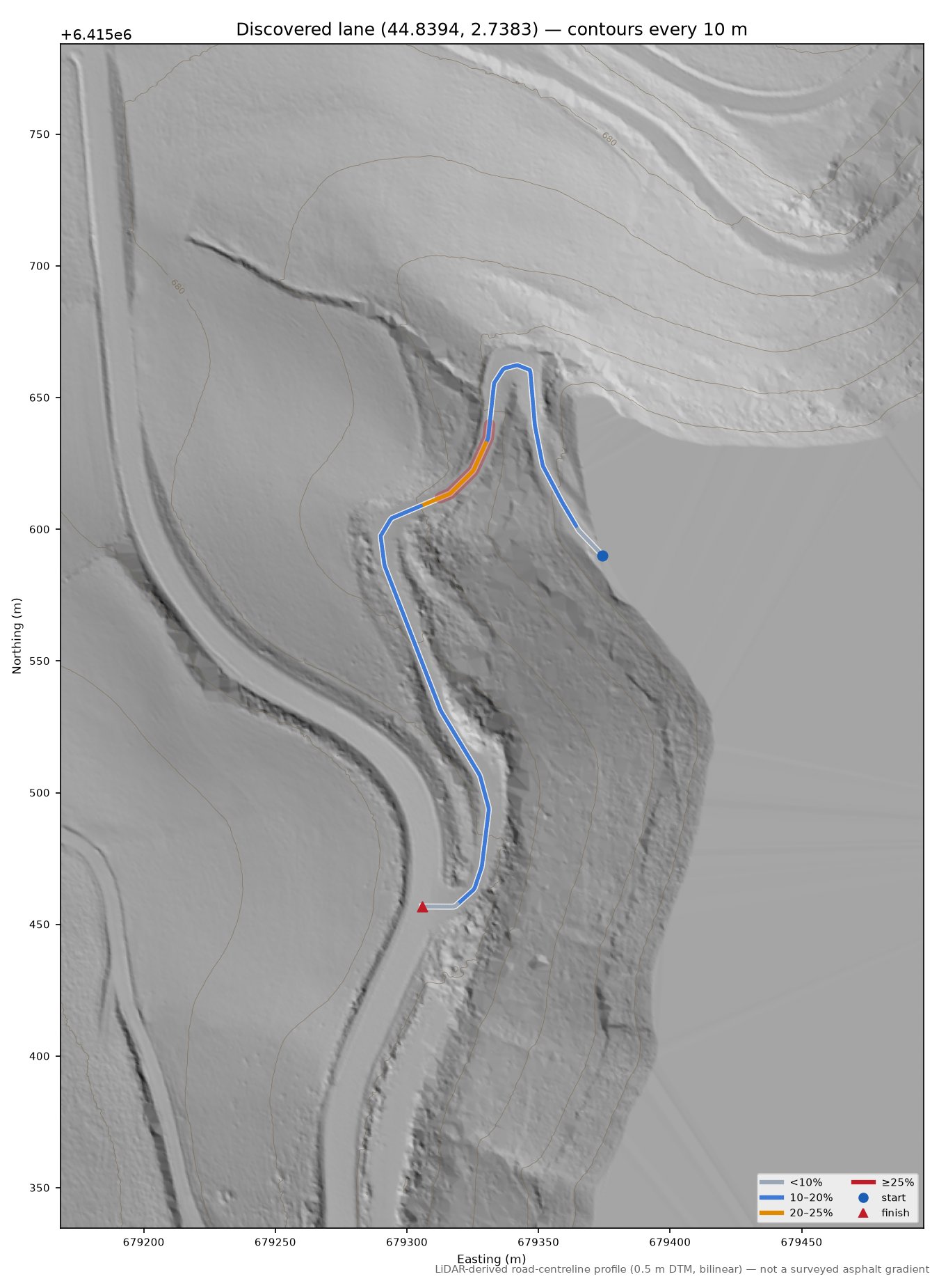 Discovered lane (44.8394, 2.7383) LiDAR hillshade map with contours