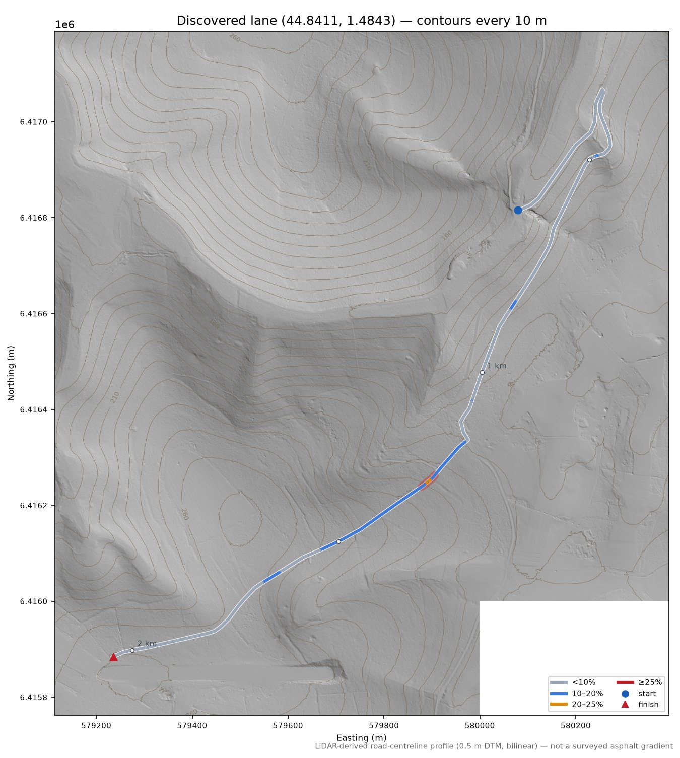 Discovered lane (44.8411, 1.4843) LiDAR hillshade map with contours