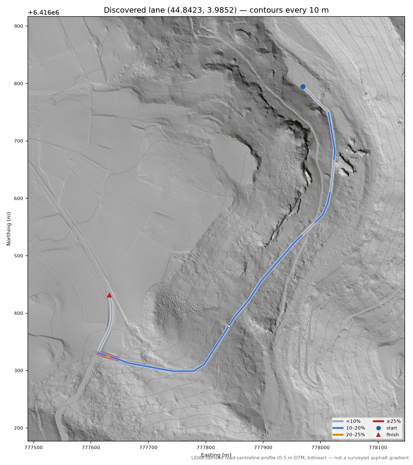 Discovered lane (44.8423, 3.9852) LiDAR hillshade map with contours