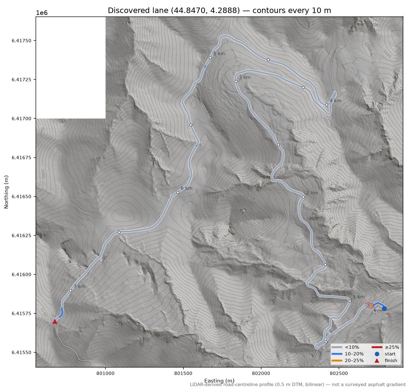 Discovered lane (44.8470, 4.2888) LiDAR hillshade map with contours