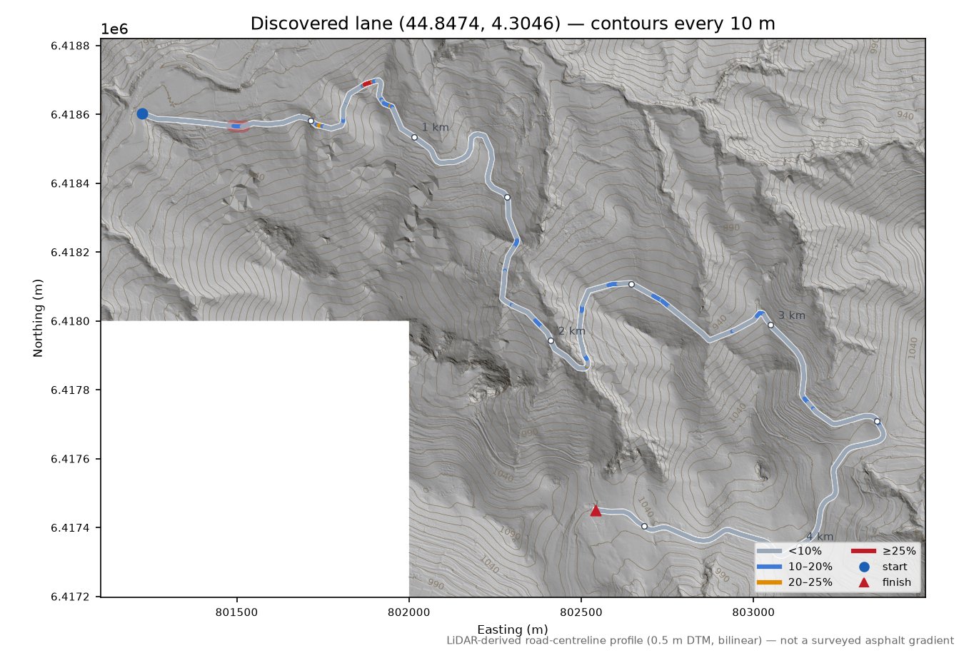 Discovered lane (44.8474, 4.3046) LiDAR hillshade map with contours