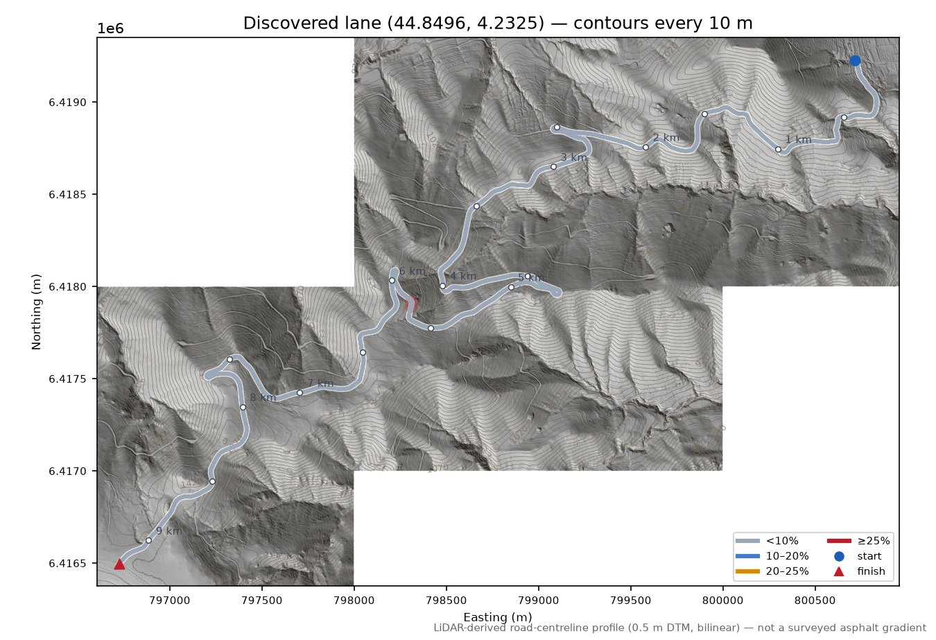 Discovered lane (44.8496, 4.2325) LiDAR hillshade map with contours