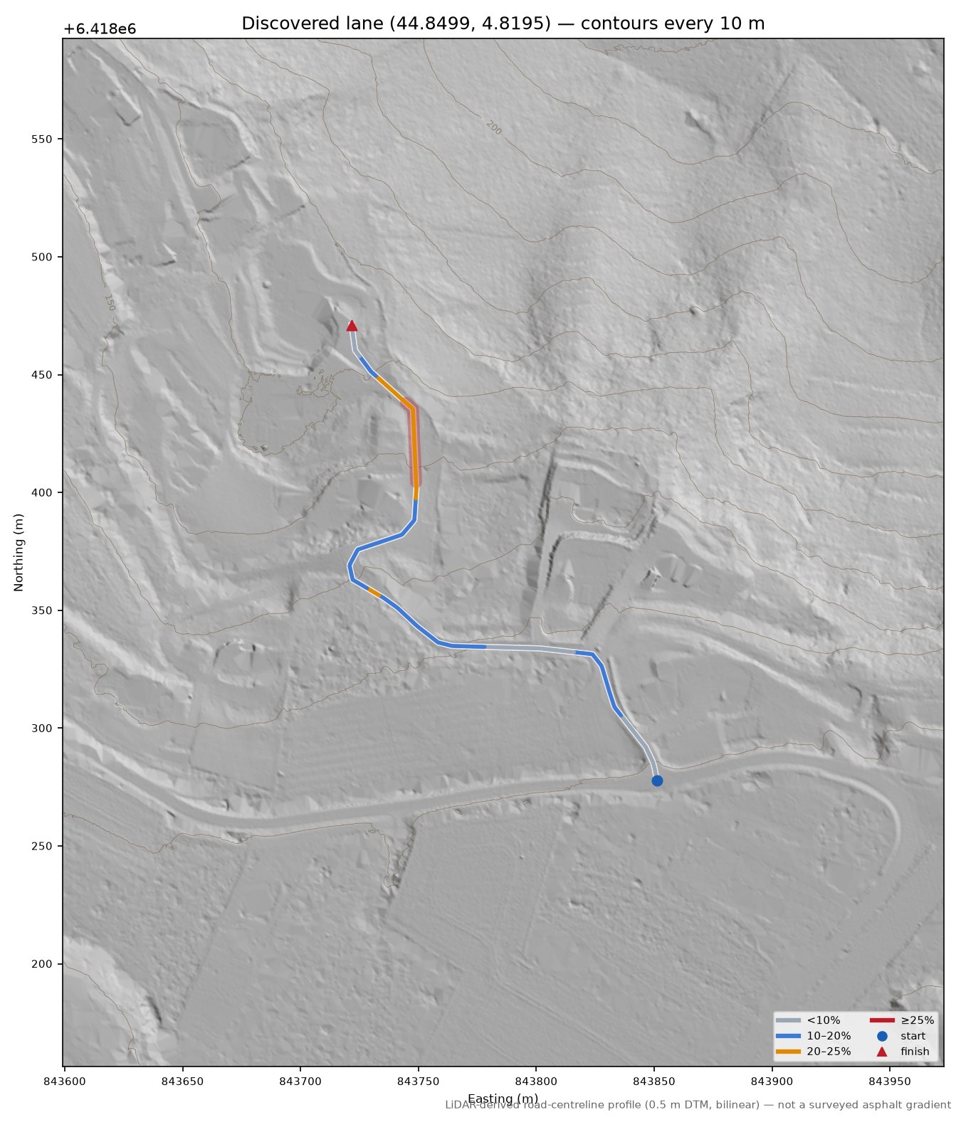 Discovered lane (44.8499, 4.8195) LiDAR hillshade map with contours