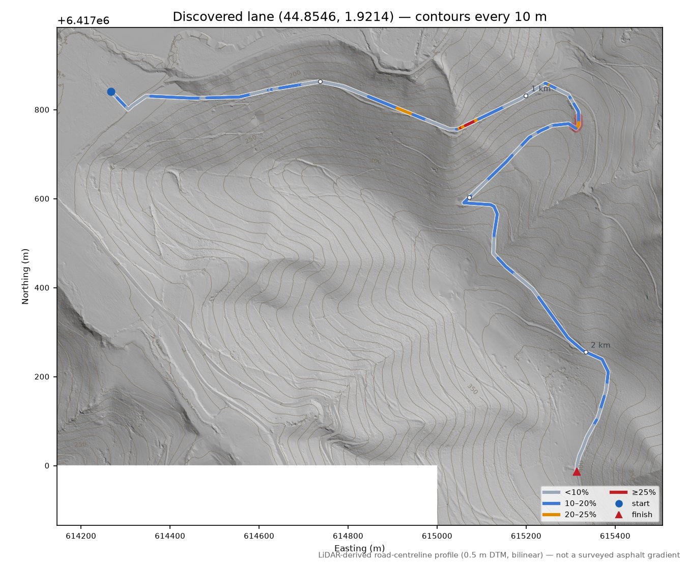 Discovered lane (44.8546, 1.9214) LiDAR hillshade map with contours