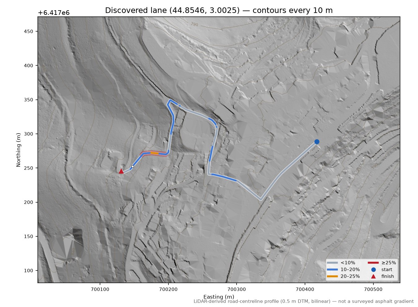 Discovered lane (44.8546, 3.0025) LiDAR hillshade map with contours