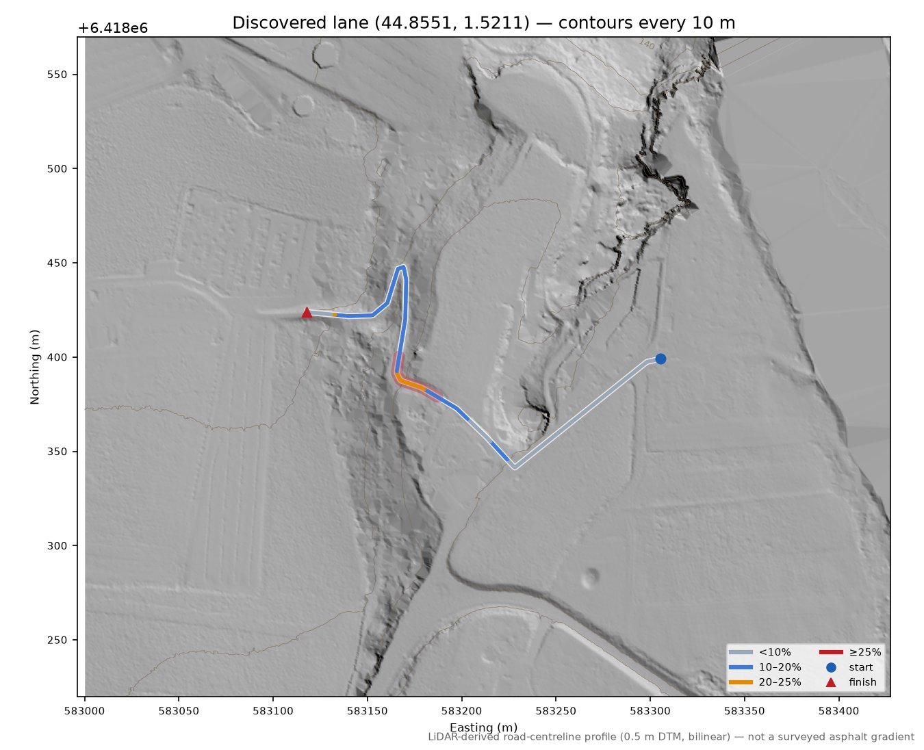 Discovered lane (44.8551, 1.5211) LiDAR hillshade map with contours