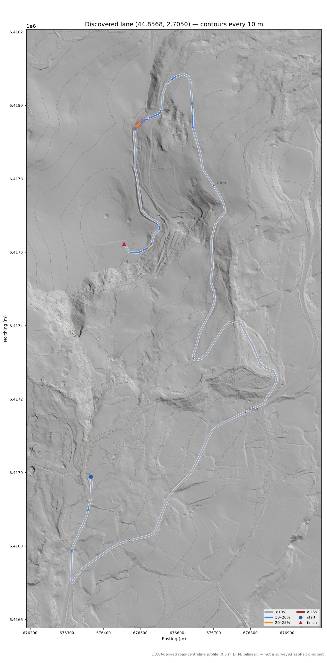 Discovered lane (44.8568, 2.7050) LiDAR hillshade map with contours