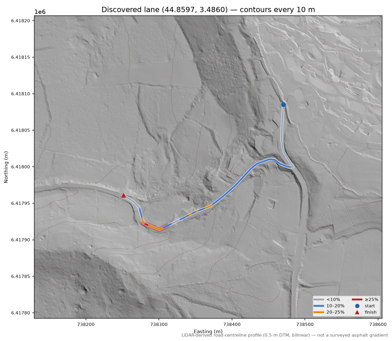Discovered lane (44.8597, 3.4860) LiDAR hillshade map with contours
