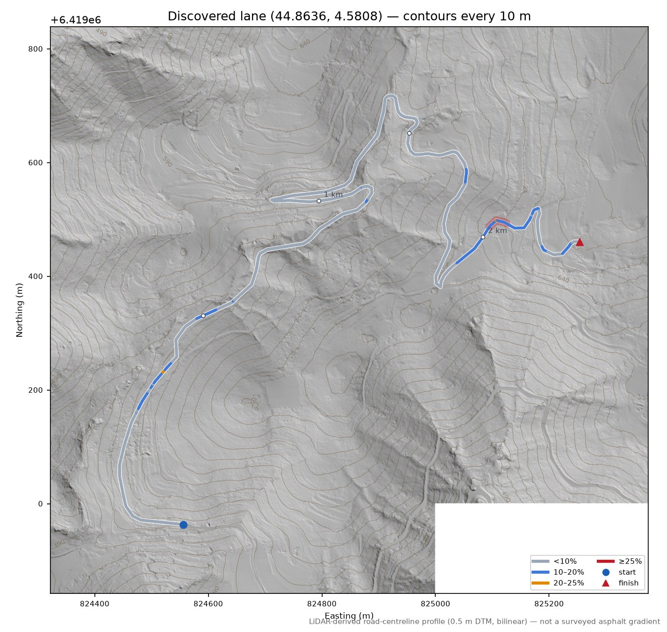 Discovered lane (44.8636, 4.5808) LiDAR hillshade map with contours