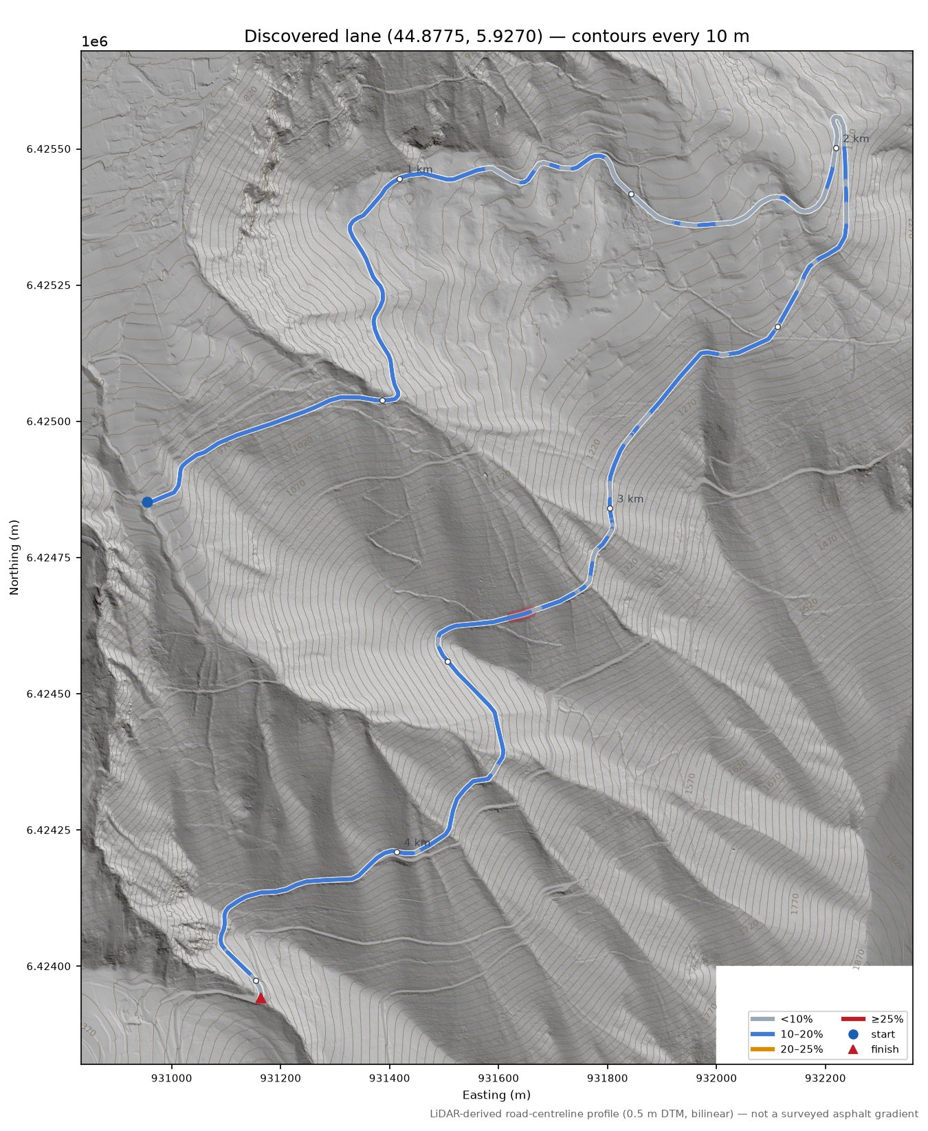 Discovered lane (44.8775, 5.9270) LiDAR hillshade map with contours