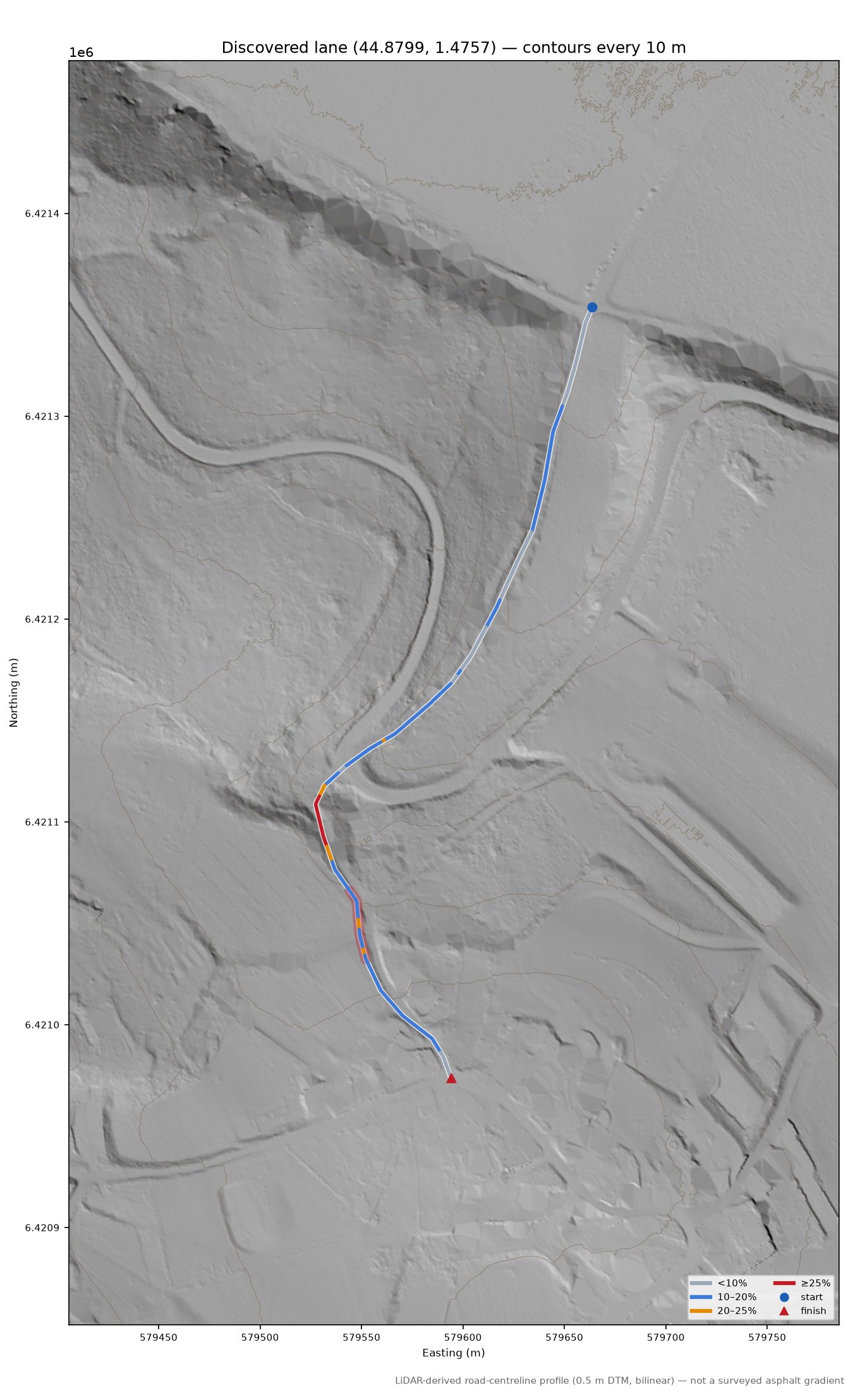 Discovered lane (44.8799, 1.4757) LiDAR hillshade map with contours