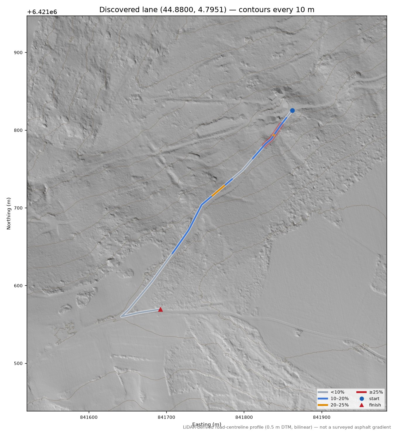 Discovered lane (44.8800, 4.7951) LiDAR hillshade map with contours