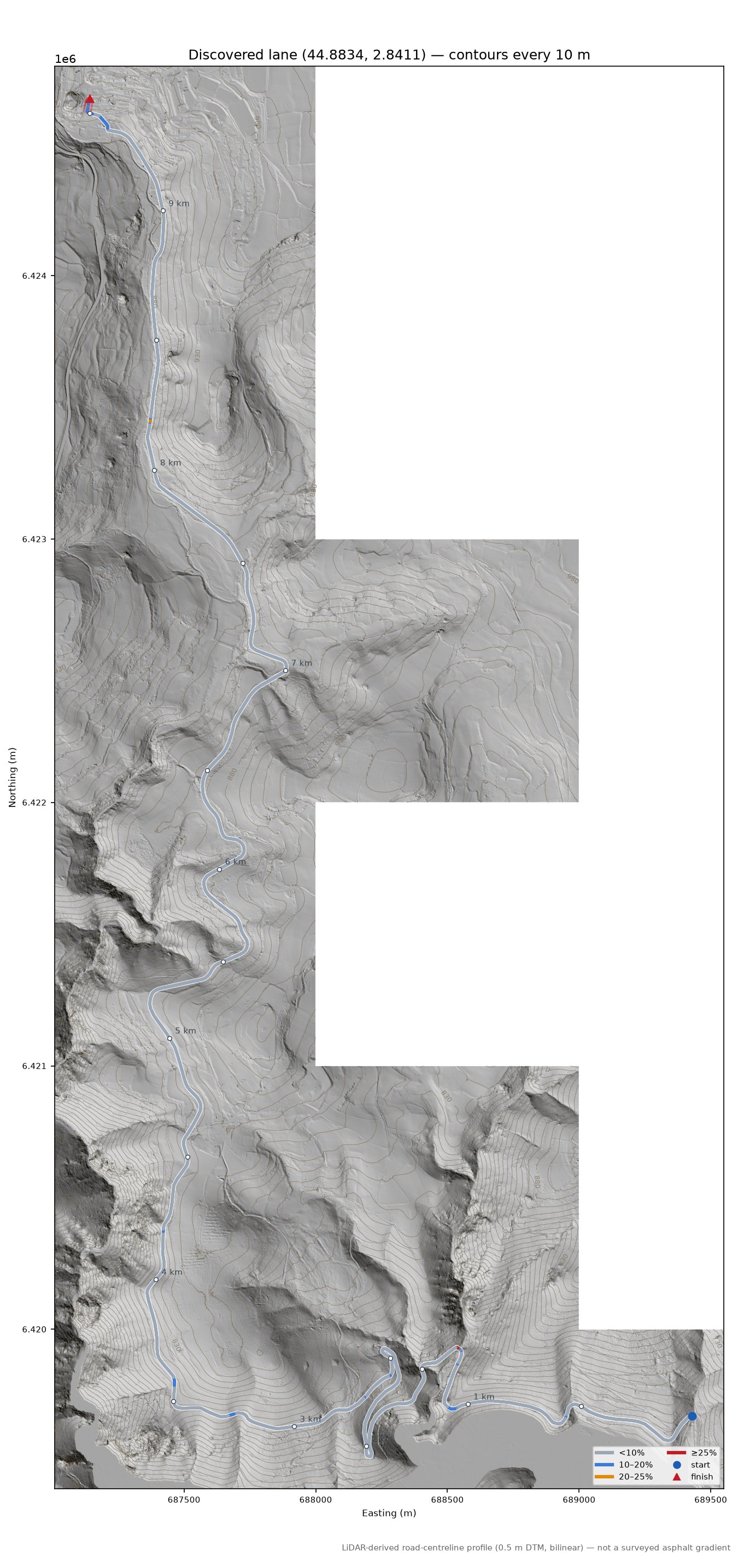 Discovered lane (44.8834, 2.8411) LiDAR hillshade map with contours
