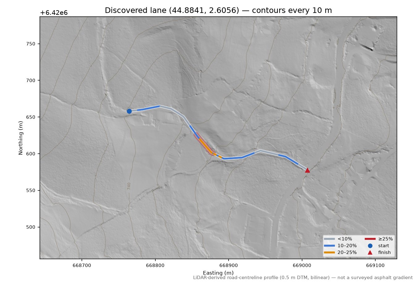 Discovered lane (44.8841, 2.6056) LiDAR hillshade map with contours