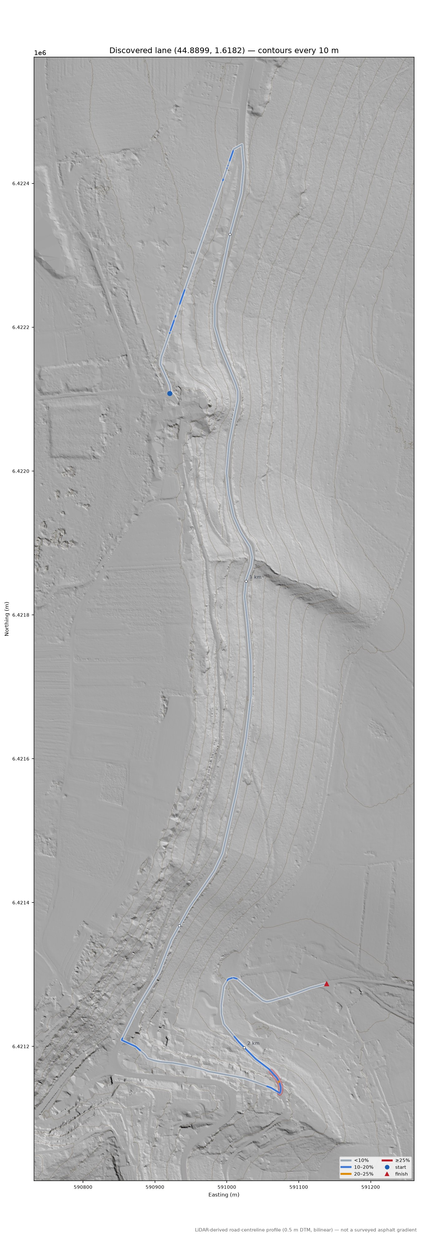 Discovered lane (44.8899, 1.6182) LiDAR hillshade map with contours