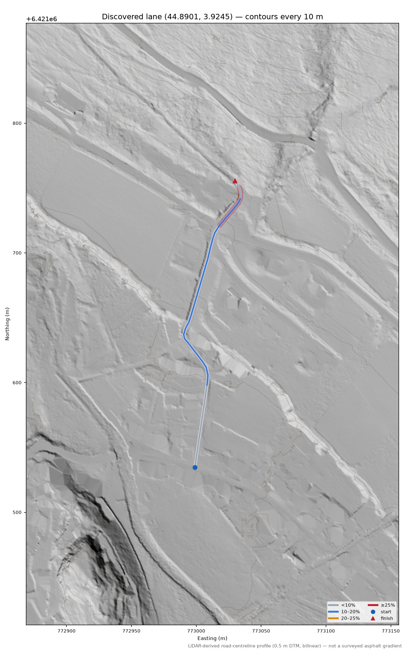 Discovered lane (44.8901, 3.9245) LiDAR hillshade map with contours