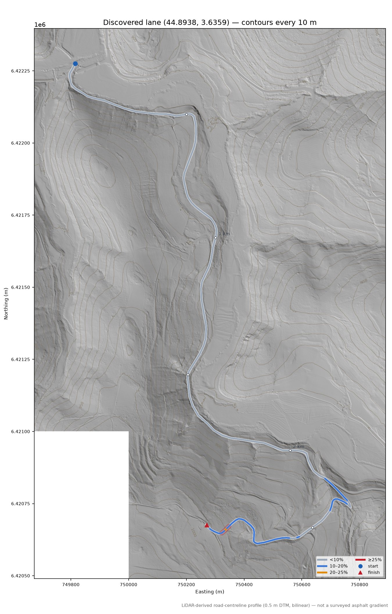 Discovered lane (44.8938, 3.6359) LiDAR hillshade map with contours