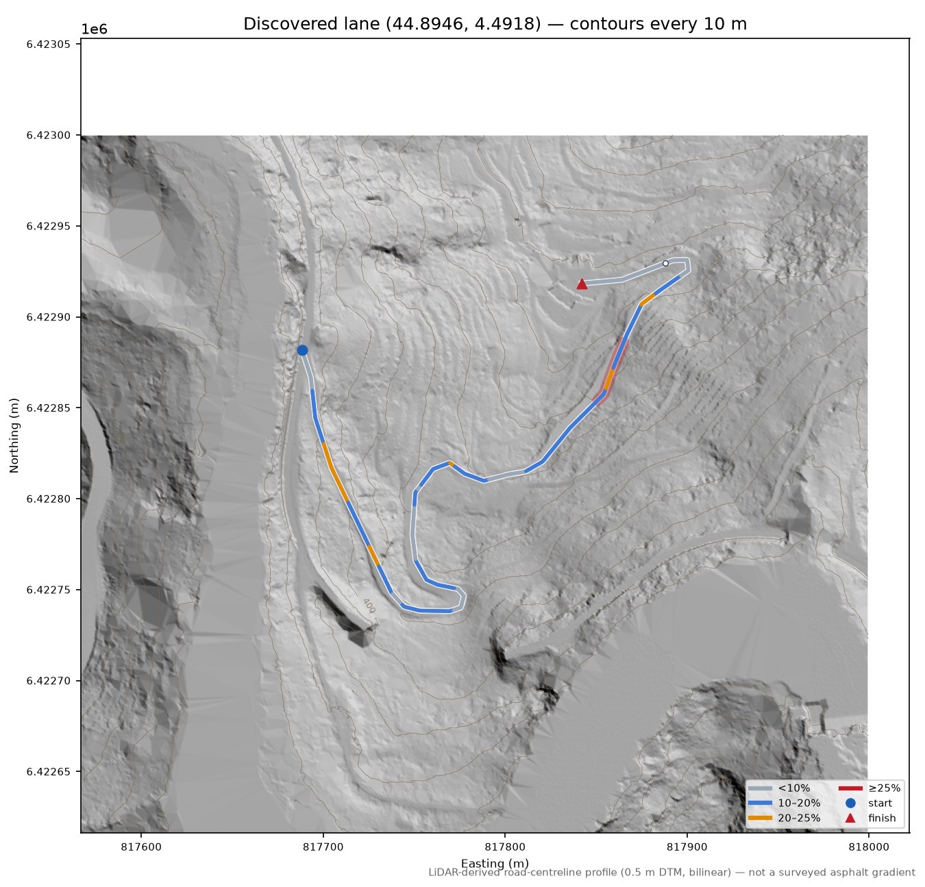 Discovered lane (44.8946, 4.4918) LiDAR hillshade map with contours