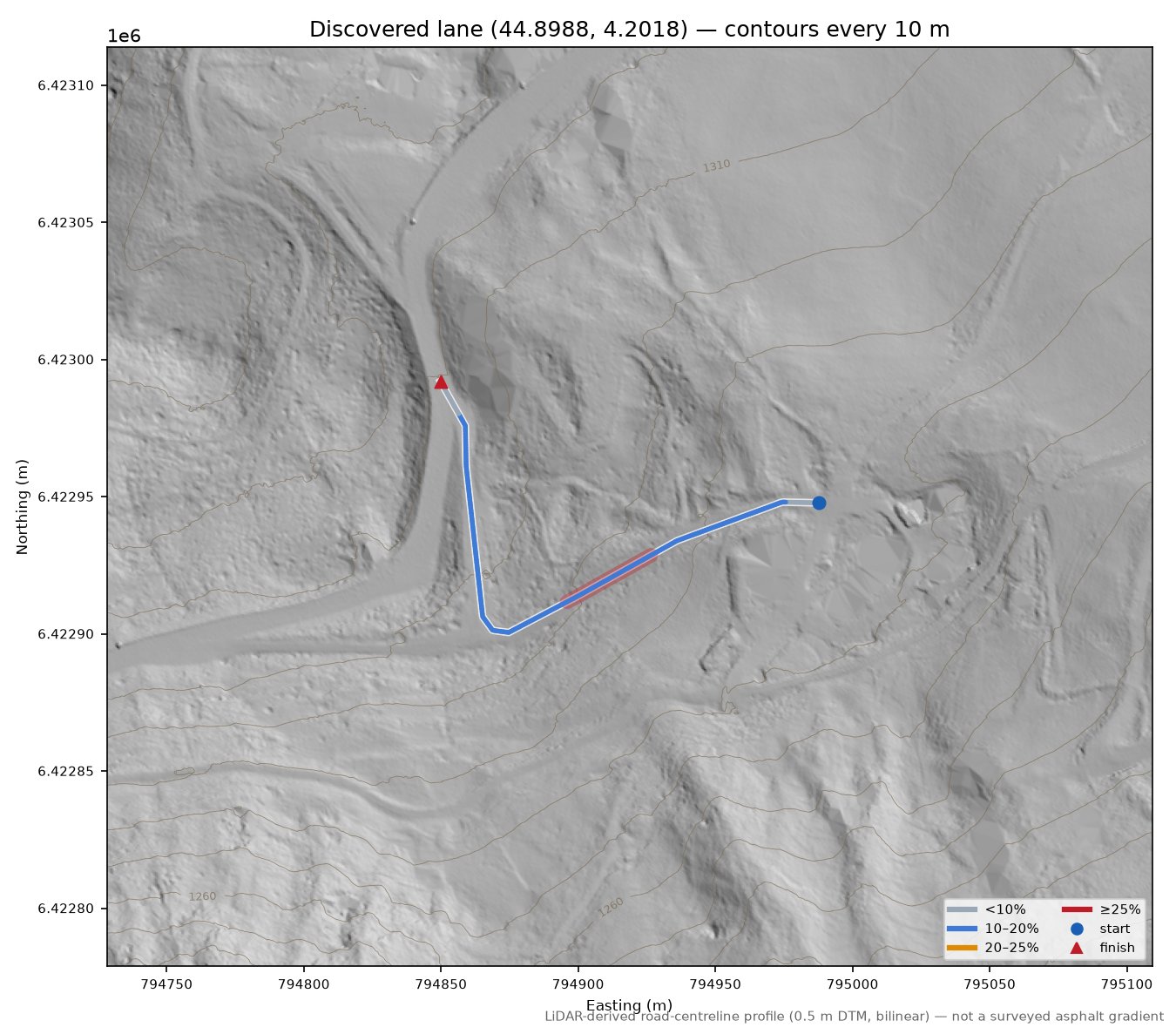 Discovered lane (44.8988, 4.2018) LiDAR hillshade map with contours