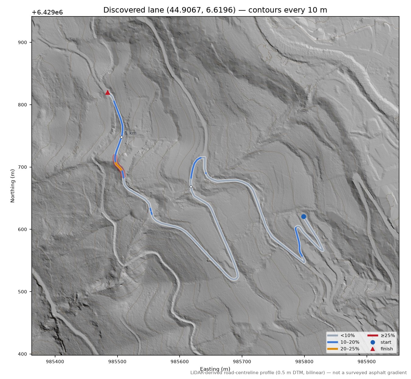 Discovered lane (44.9067, 6.6196) LiDAR hillshade map with contours