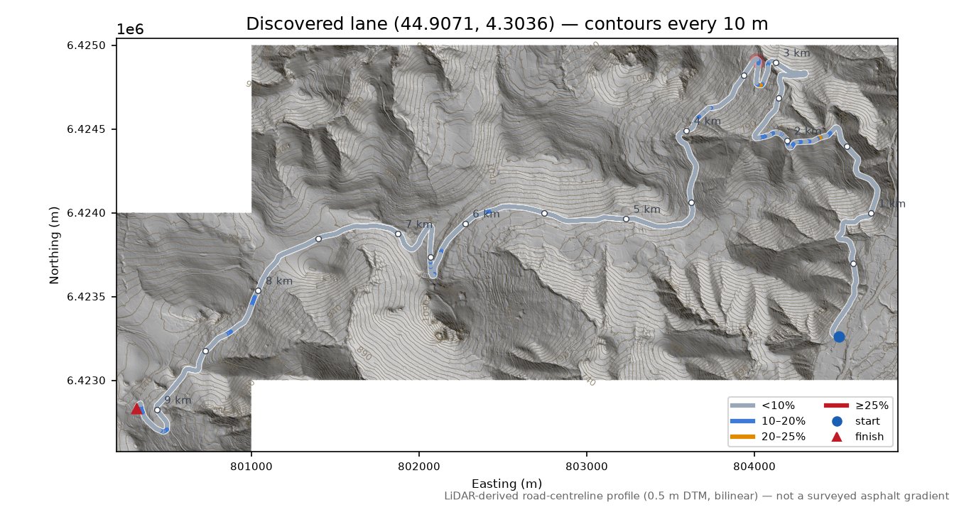 Discovered lane (44.9071, 4.3036) LiDAR hillshade map with contours