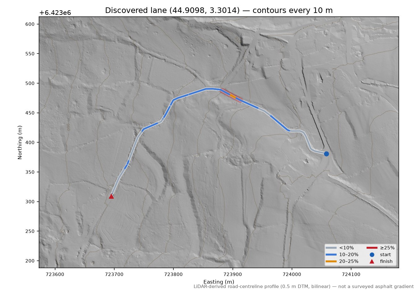 Discovered lane (44.9098, 3.3014) LiDAR hillshade map with contours