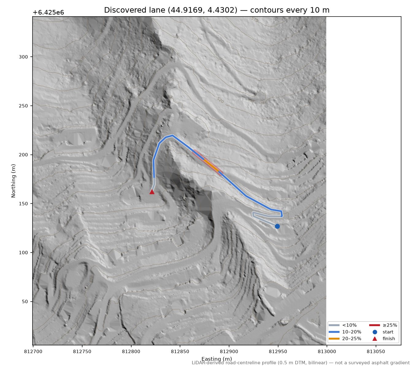 Discovered lane (44.9169, 4.4302) LiDAR hillshade map with contours