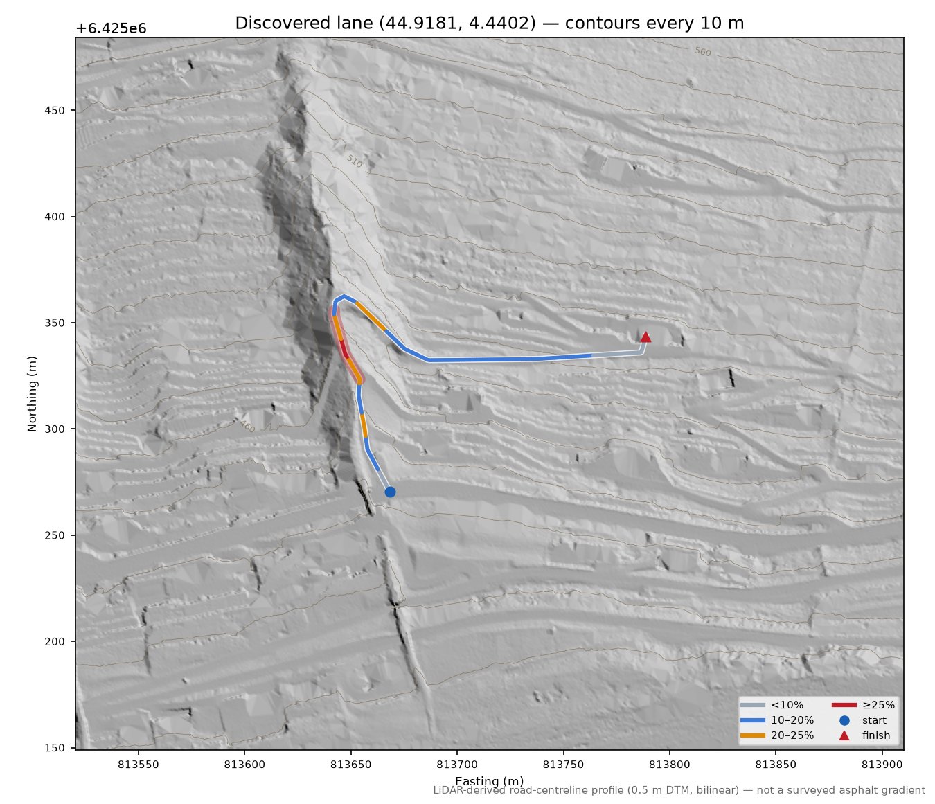Discovered lane (44.9181, 4.4402) LiDAR hillshade map with contours