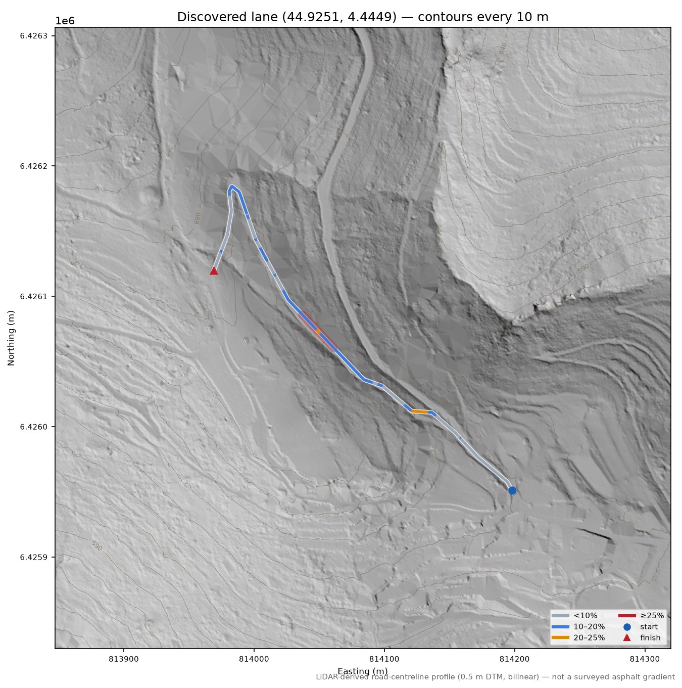Discovered lane (44.9251, 4.4449) LiDAR hillshade map with contours