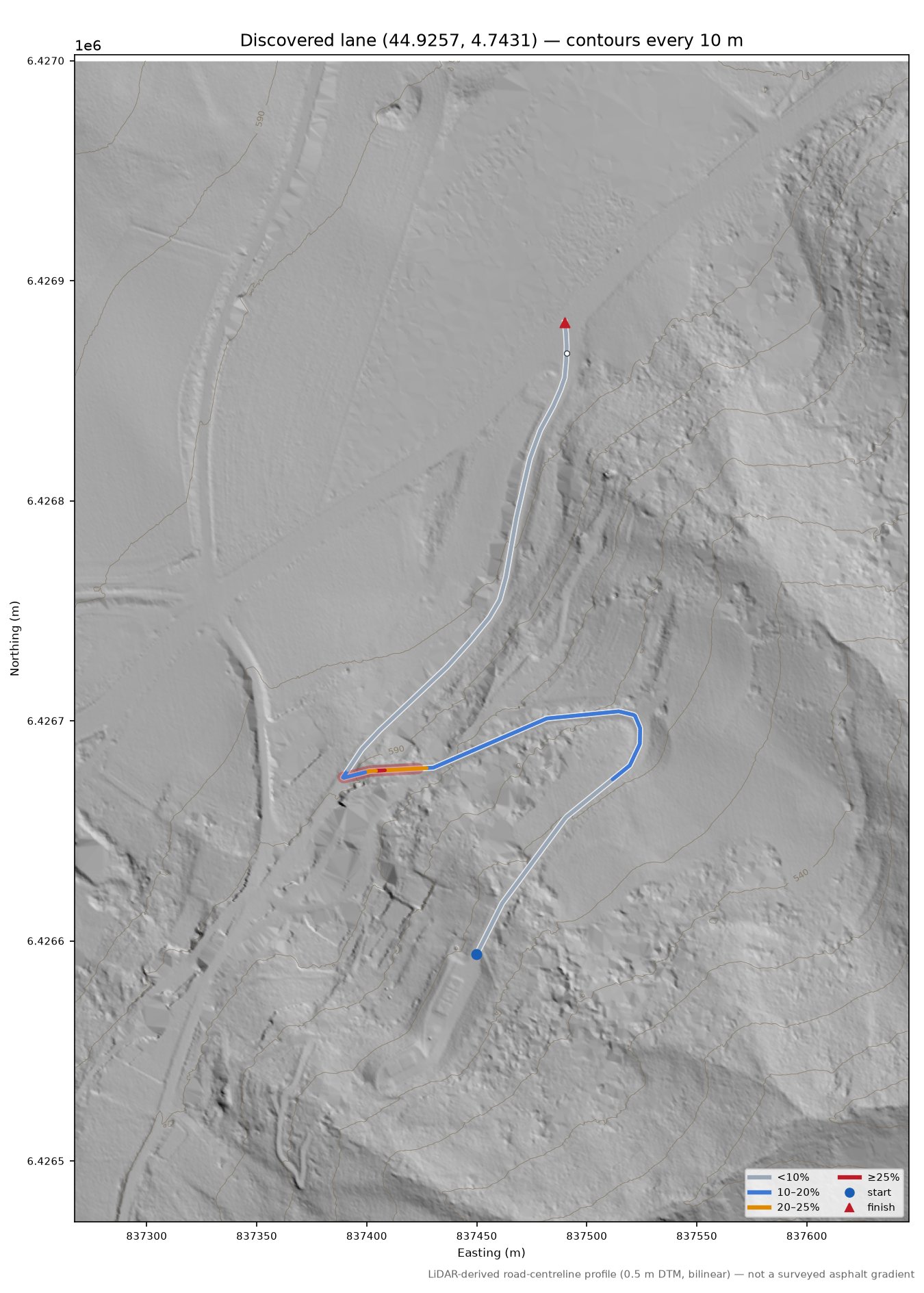 Discovered lane (44.9257, 4.7431) LiDAR hillshade map with contours