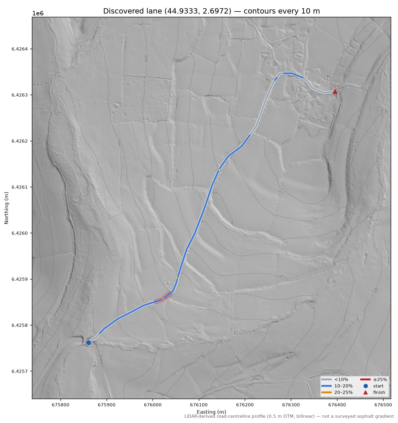 Discovered lane (44.9333, 2.6972) LiDAR hillshade map with contours