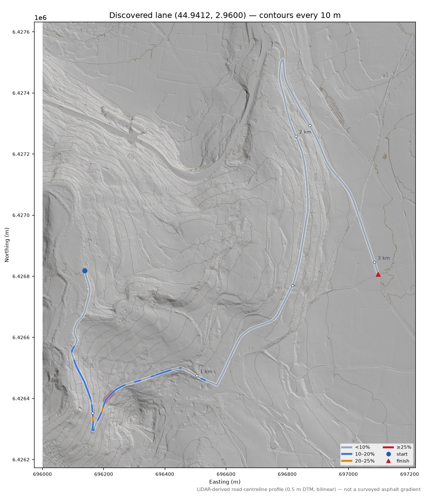 Discovered lane (44.9412, 2.9600) LiDAR hillshade map with contours