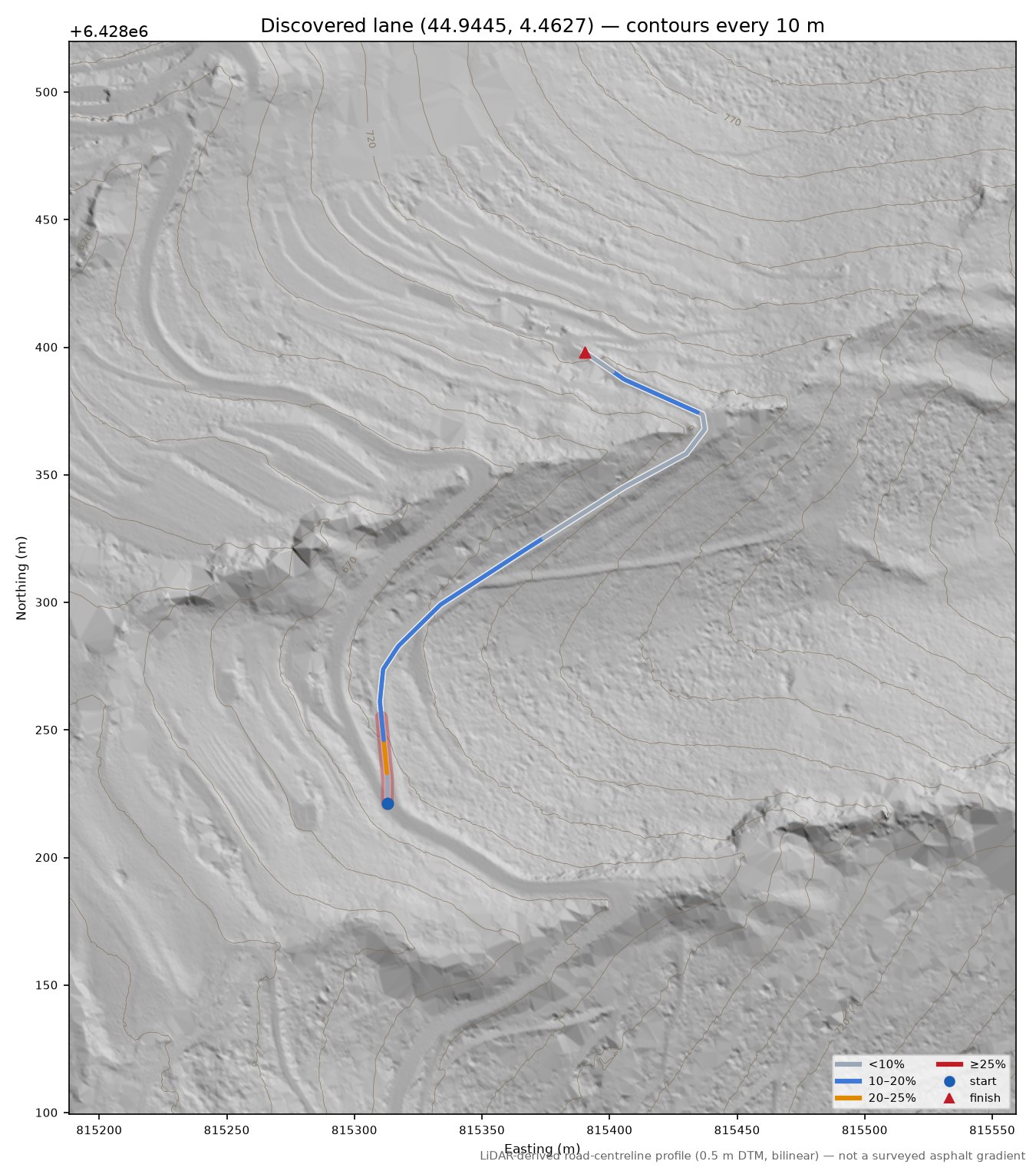Discovered lane (44.9445, 4.4627) LiDAR hillshade map with contours
