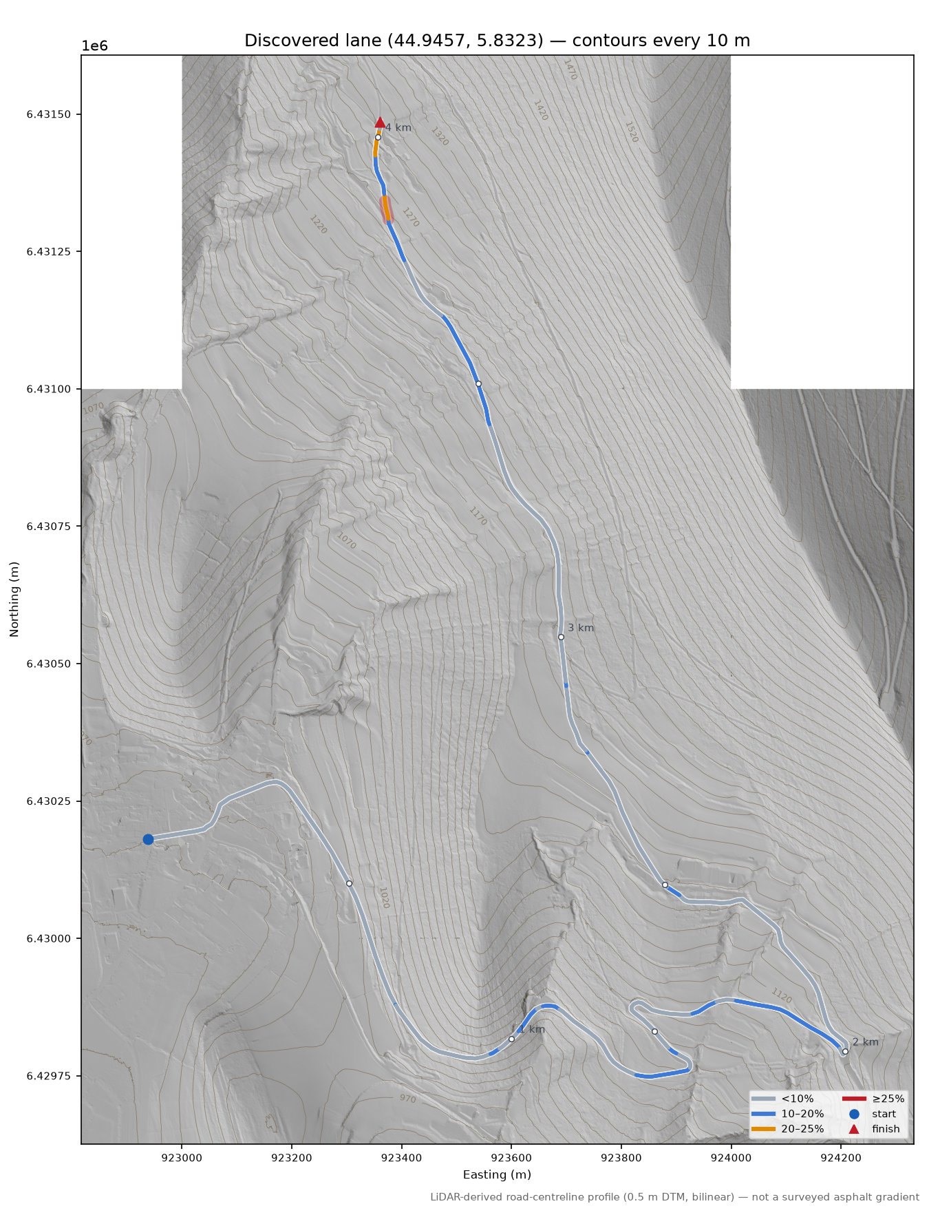 Discovered lane (44.9457, 5.8323) LiDAR hillshade map with contours