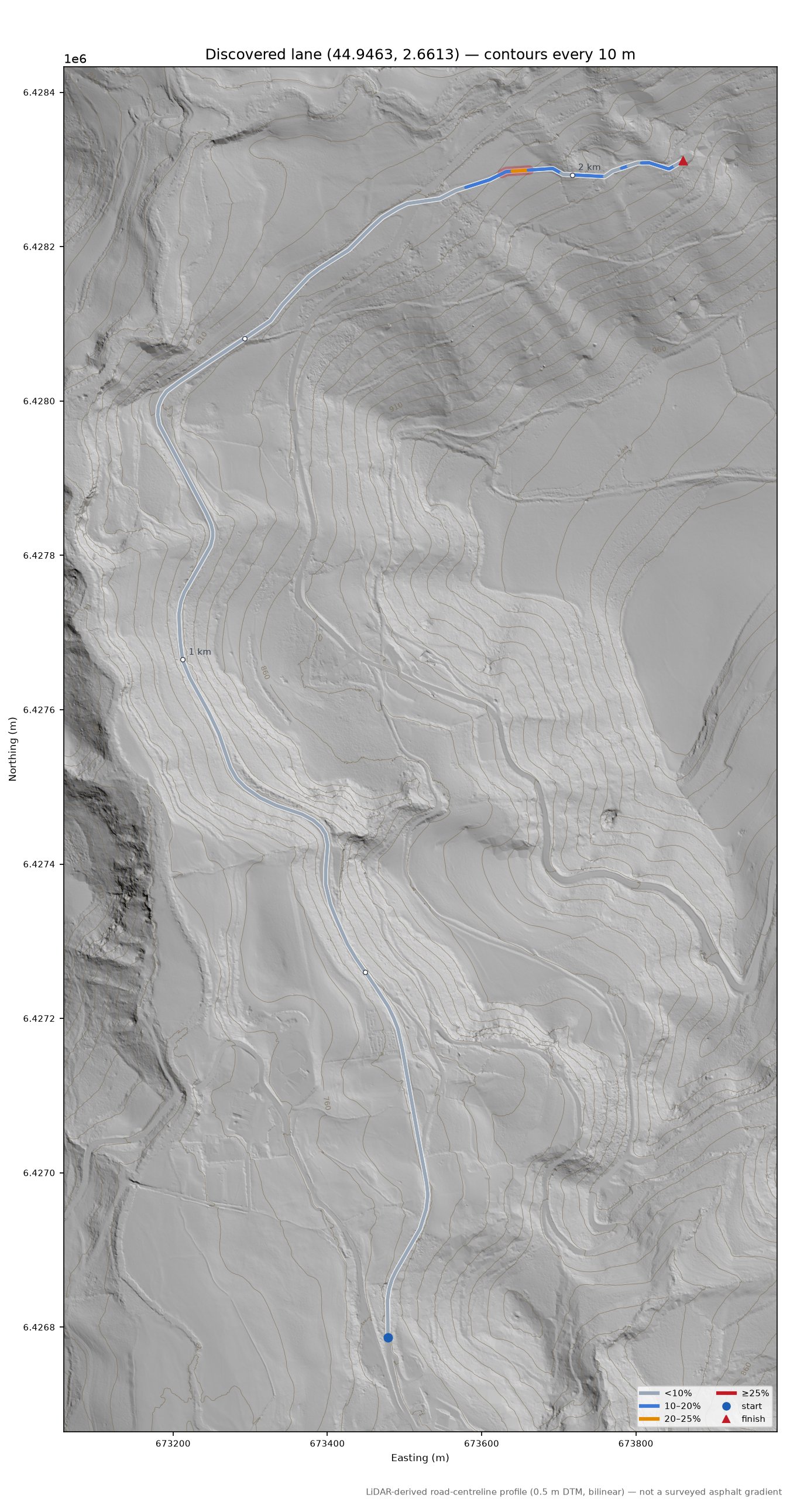 Discovered lane (44.9463, 2.6613) LiDAR hillshade map with contours