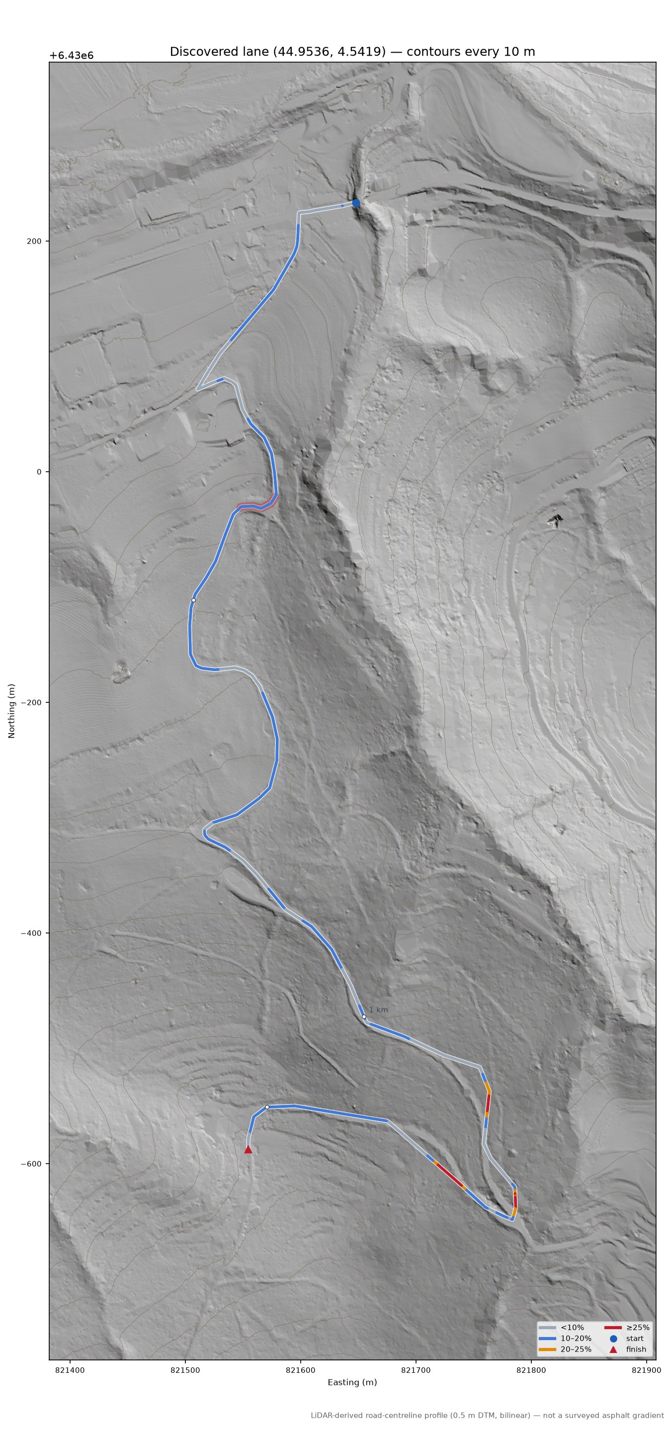 Discovered lane (44.9536, 4.5419) LiDAR hillshade map with contours