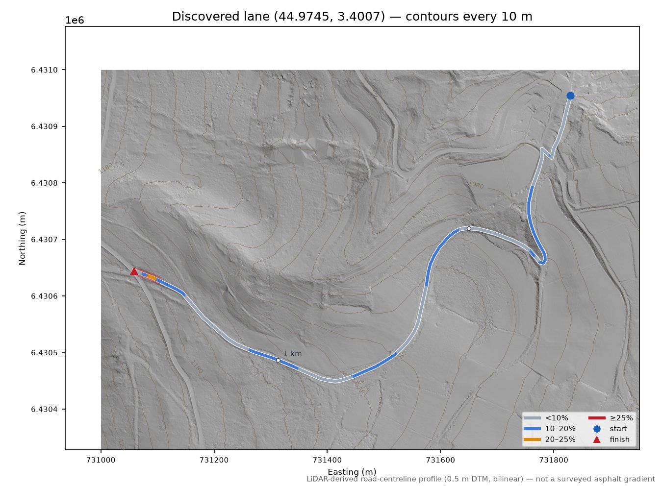Discovered lane (44.9745, 3.4007) LiDAR hillshade map with contours