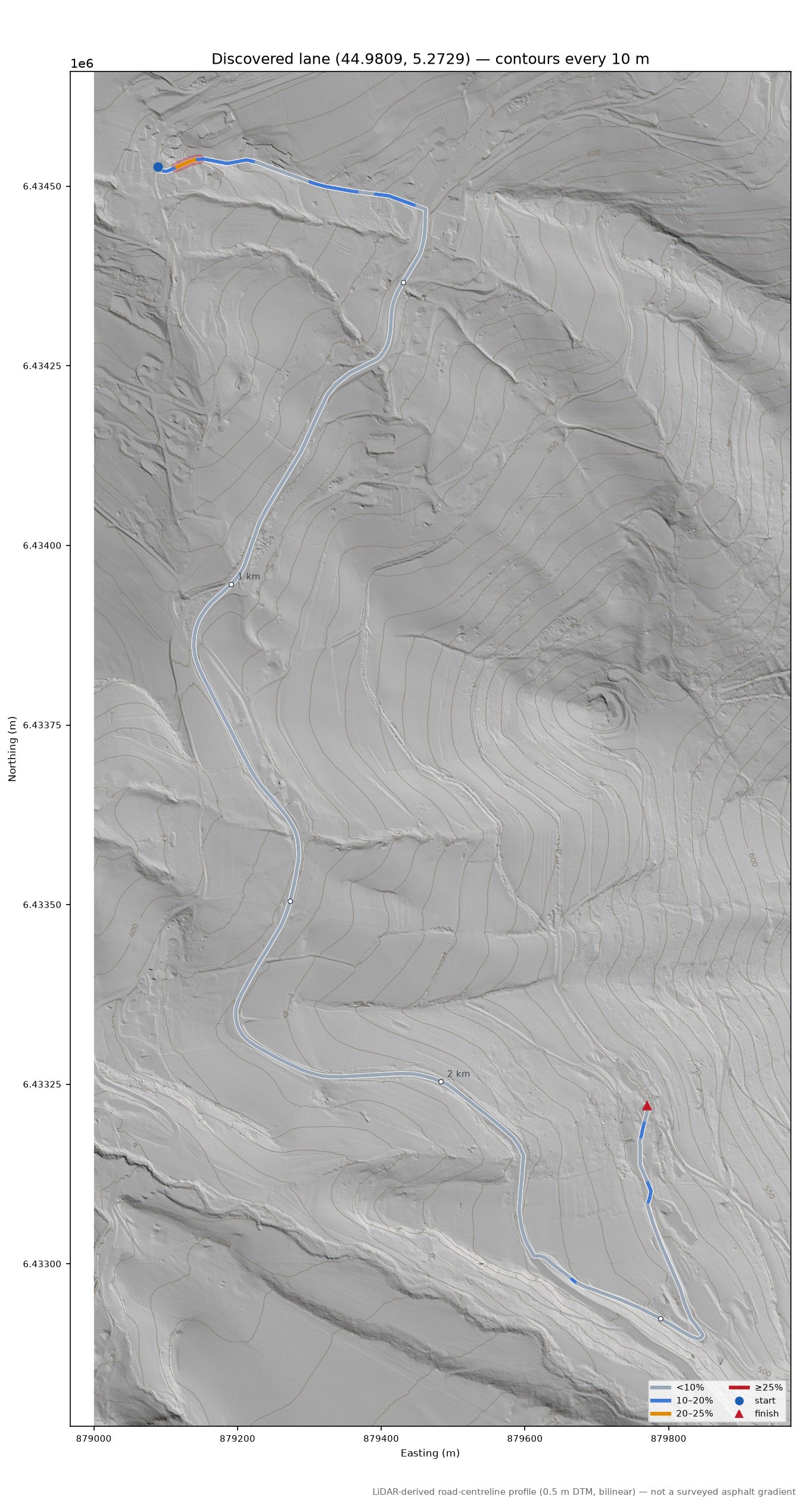 Discovered lane (44.9809, 5.2729) LiDAR hillshade map with contours