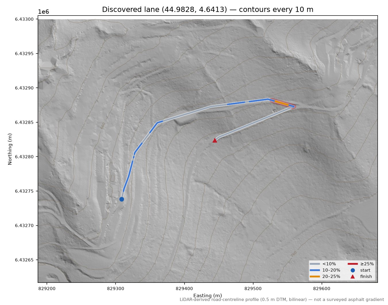 Discovered lane (44.9828, 4.6413) LiDAR hillshade map with contours