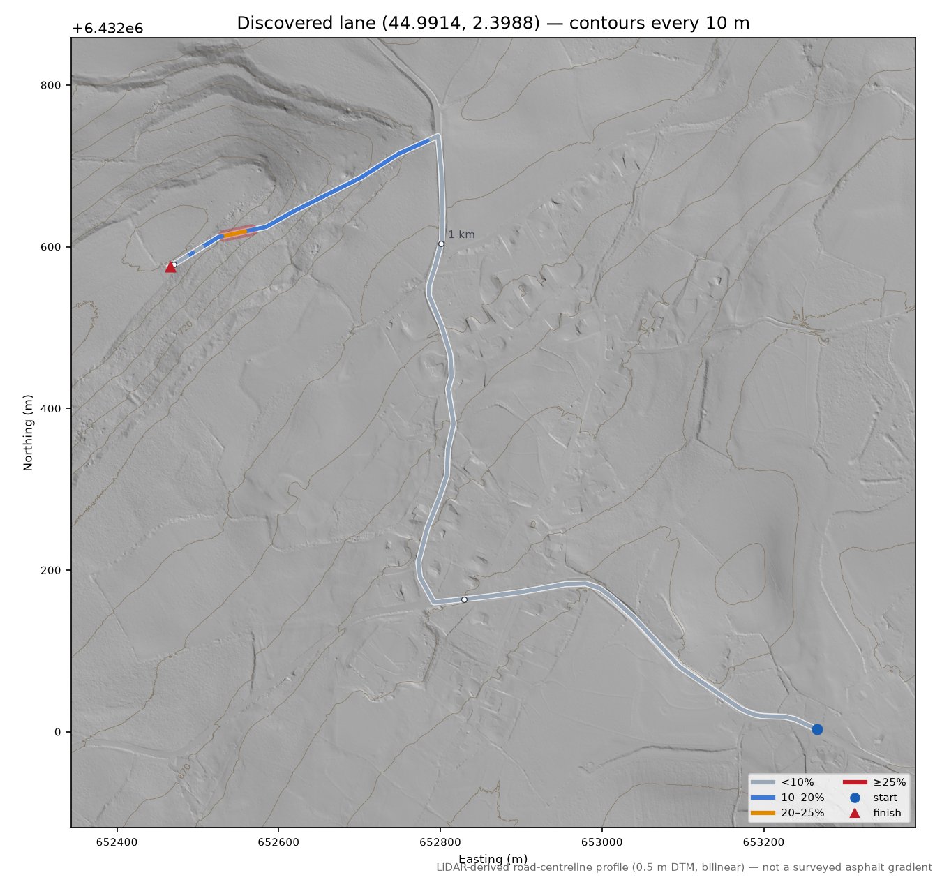 Discovered lane (44.9914, 2.3988) LiDAR hillshade map with contours