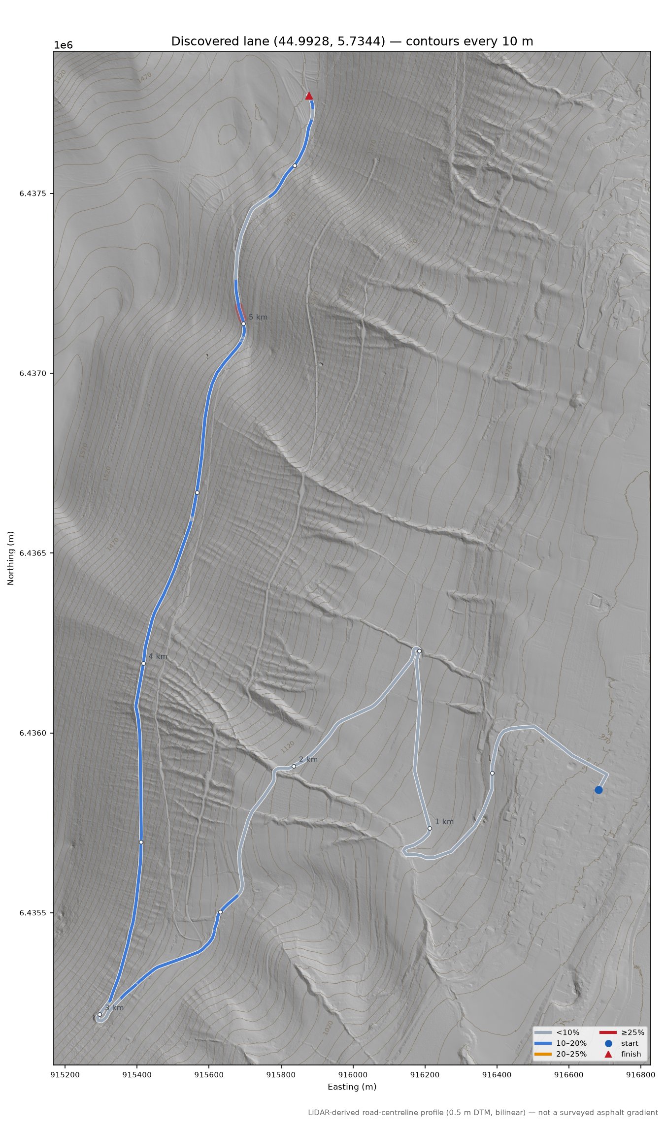 Discovered lane (44.9928, 5.7344) LiDAR hillshade map with contours