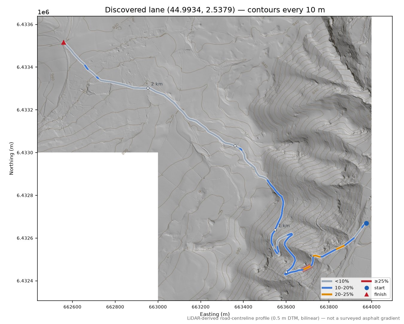 Discovered lane (44.9934, 2.5379) LiDAR hillshade map with contours