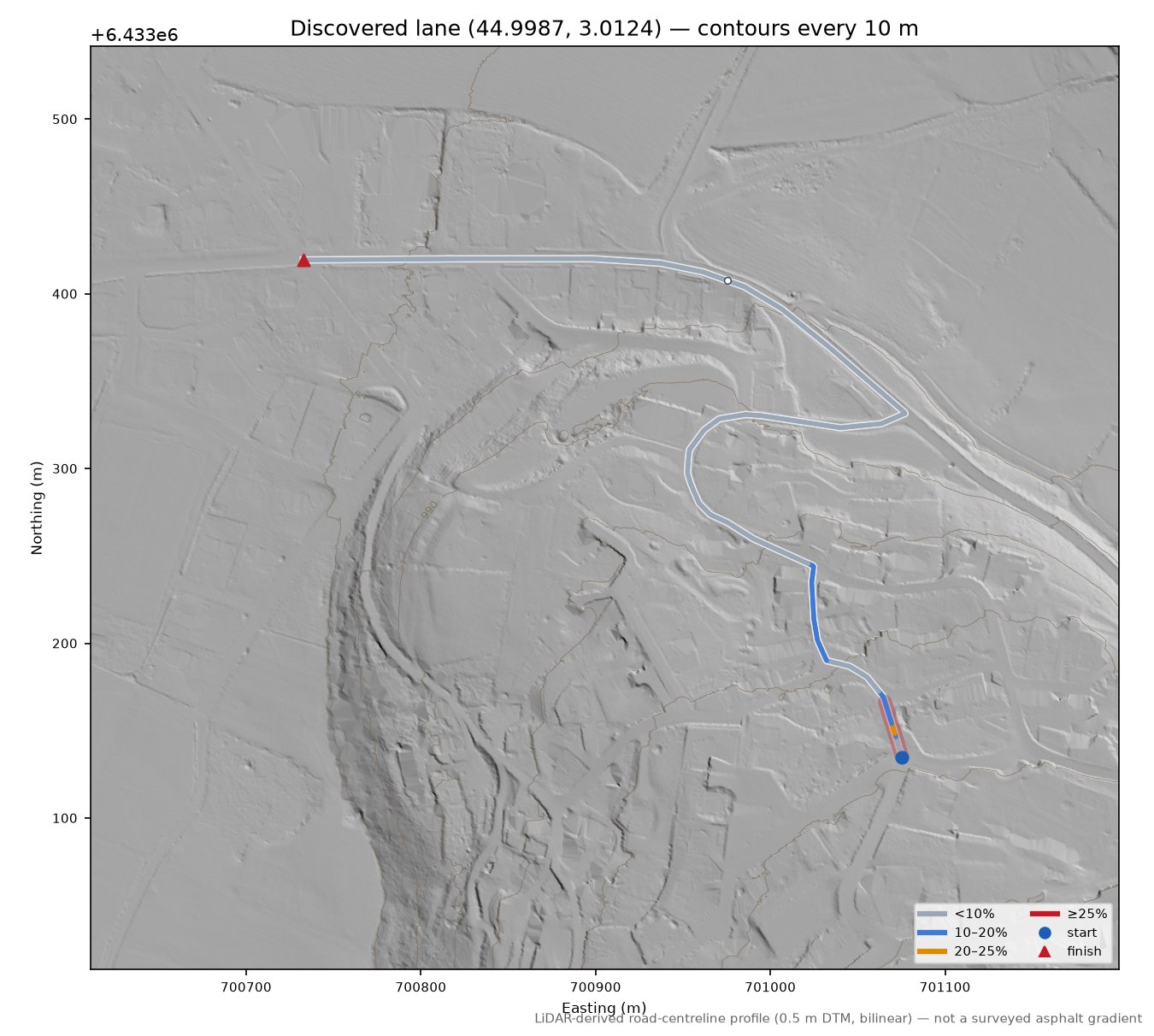 Discovered lane (44.9987, 3.0124) LiDAR hillshade map with contours